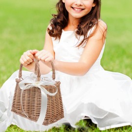 SEWACC Flower Girl Basket Rattan Woven Flower Basket Handbag Wicker with Ribbon for Home Wedding (White)