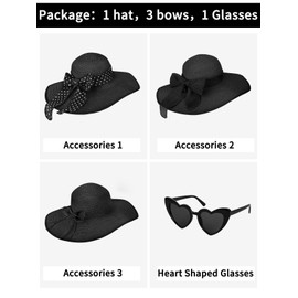 Sun Hats for Women, Wide Brim Floppy Beach Straw Hat for Summer Travel Vacation Foldable with Heart Shaped Sunglasses UPF 50+ Black