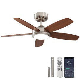 Ceiling Fans with Lights, Low Profile Ceiling Fan with Remote and APP Control, Flush Mount, DC Reversible, 3 CCT LED Dimmable, Wood 5 Blades, Quiet Ceiling Fan for Bedroom (Brown, 52 Inch)