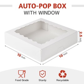 ZORRITA 10" x 10" x 2.5" Auto Pop-up Pie Boxes with Window, 20 Pack White Cookie Boxes Chocolate Covered Strawberries Boxes Bakery Boxes for Donuts, Muffins, Cheesecakes, Treats