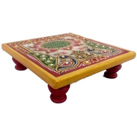 Purpledip Marble Platform (Plinth): Square Ethnic Handpainted Chowki for God Idols (11891)