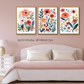 KISSFOX Framed Colorful Wildflower Canvas Wall Art Set Of 3 Flowers Pictures Prints Flowers Printing Floral Watercolors Flower wall Decor Living Room Girls Bedroom Bathroom