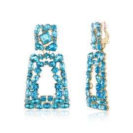 Flyonce Rectangle Clip-on Earrings for Women, Sparkly Rhinestone Crystal Geometric Statement Drop (Non Pierced) Light Blue