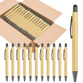 lyforx 100pcs Bamboo Pens Bulk with Touch Stylus Tip Wooden Bamboo Pens Engraving Wooden Ballpoint Pen Customizable Gift Pen Bulk Grey