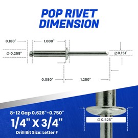 Fastenere Pop Rivets - 1/4" x 3/4" (25pcs) Heavy Duty, Open-End, Stainless Steel, Dome-Head Blind Rivets, Corrosion-Resistant, High Tensile & Shear Strength, 8-12 Gap 0.626"-0.750"