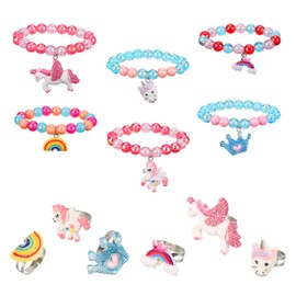 Heyu-Lotus Pack of 12 Children's Unicorn Bracelet Ring Set, Girls Jewellery Beads Bracelet with Colourful Adjustable Rings, Friendship Jewellery for Birthday Party Favours