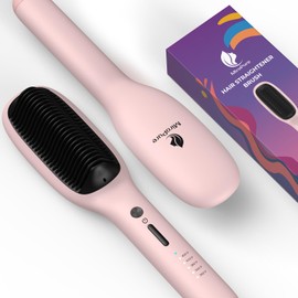 MiroPure Hair Straightener Brush, 10.3 inches x 2.3 inches, Pink, Ceramic, Hair Straightening Comb with 5 Heat Settings, 30s Fast Heat-up, Dual Voltage, PTC Heating, Auto Shut-off, for Silky Hair