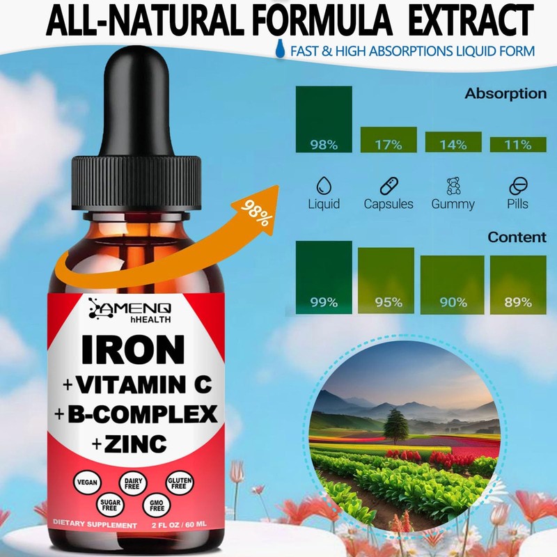 Liquid Iron Supplement w/Vitamin C, A, B-Complex, Vegan Iron Drops