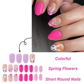 24Pcs Easter Press on Nails Bunny Fake Nails Almond Shape Glue on Nails Cute False Nails Rabbit Flower Design Acrylic Nails Spring Summer Artificial Nails Full Cover Stick on Nails for Women