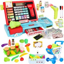 Meaicezli 70Pcs Toy Cash Register for Kids Ages 4-8 with Scanner & Shopping Cart, Pretend Play Cash Register Playset for Girls Boys Toddler Grocery Store Set Christmas Girls for 3+ 4 5 6 7 8 Year Old