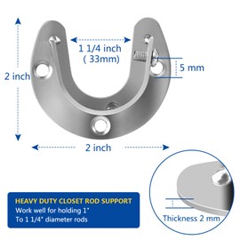 Closet Rod Bracket, Heavy Duty Closet Rod Support Stainless Steel Closet Shower Rod Holders 1 1/4 Inch Closet Pole Holder Sockets U Shaped Wardrobe Brackets Set of 4 Flange Rod Holder End Caps