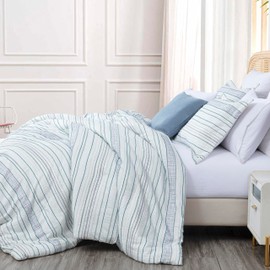 Chezmoi Collection 7-Piece Boho Clip Jacquard Bed in a Bag Set Queen Size, Teal Blue White Striped Soft Textured Lightweight Comforter Bedding for All Season with Bed Sheets Set