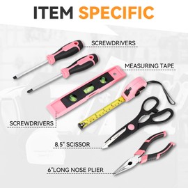 Auto Dynasty 7pcs Household DIY Hand Tool Kit with Screwdriver, Pliers, Measuring Tape, Level, Scissors and Wide-Open Mouth Canvas Storage Bag, Pink