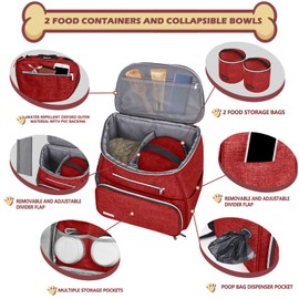 BAGLHER 丨Dog Travel Bag Backpack, Airline Approved Pet Supplies Backpack, Dog Travel Backpack with 2 Silicone Collapsible Bowls and 2 Food Baskets Red