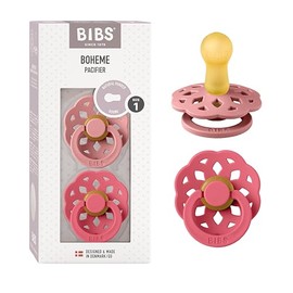 BIBS Chupones Boheme Pack de 2, Tetina redonda de látex natural, Talle 1, Color Dusty Pink/Coral, 0 a 6 meses, Hecho en Dinamarca
