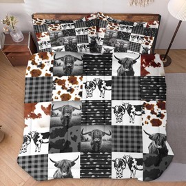 WeCozy Comforter Set Queen Size with 2 Pillowcases, Highland Cow Print Animal 3 Pcs Bedding for Kids and Adults, Farm Black White Plaid Soft Comforter Set for Bedroom Bed Decor