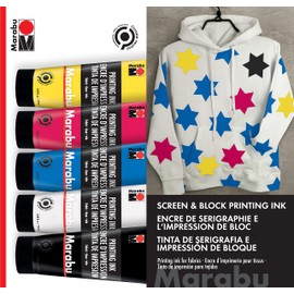 Marabu Fabric Screen Printing Ink Set – 5 Water-Based Colors: Yellow, Magenta, Cyan, Buff Titanium Light, Carbon Black – 100ml (3.38 fl oz) Tubes