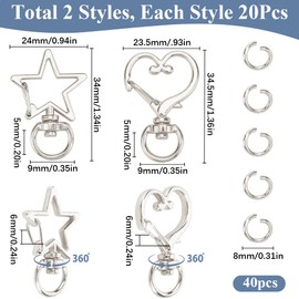 SOFPLATE 1 Box of 40 Rotating Lobster Clasp, Silver Key Chain, Lobster Clasp, Large Pack, Star/Heart Shape, Rotating Carabiner Hook, Key Ring, Clip, Spring Clips, Made of Alloy