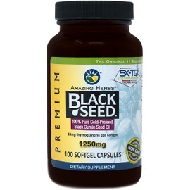 Amazing Herbs Black Seed Oil Pills 1250mg, 100 Softgel Capsules - Cold-Pressed | Non GMO