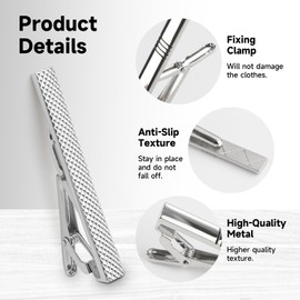 4Pcs Tie Clips for Men, Silver Classic Tie Bar Clip Set Regular Fashionable Ties Bar Clips Metal Ties Pins Elegant Bars Pinch Clip for Father's Day Business Wedding Graduation Daily Use