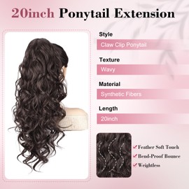 QGZ 20" Wavy Ponytail Extension, Claw Clip Ponytail Hair Extension, Natural Synthetic Hairpiece for Women Daily Use(Dark Brown)