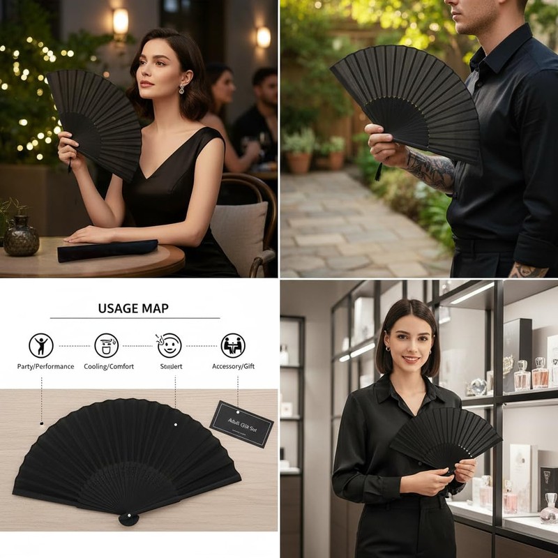 CBMZHF Black Silk Fabric Hand Fans, Chinese Fan, Folding Hand