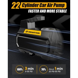 E-SMARTER Car Tyre Inflator Air Compressor, 12V/ 120W/ 150 PSI/ 10.5 Bar, Car Tyre Pump with Handle, 4 Valve Adaptors, LED Light, 2xFaster Car Pumps for Tyres of Car, Bike, Motorcycle, Ball, Mattress