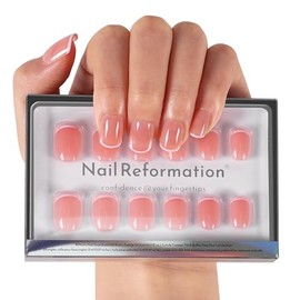 Nail Reformation Uñas postizas rosas francesas | Uñas postizas cortas cuadradas de color rosa transparente con punta francesa y acabado brillante, kit