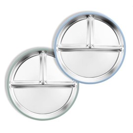 Bakpoco Stainless Steel Suction Plates for Toddlers, 9" Divided Kids Baby Plates with Removable Silicone Suction, Non Toxic Non Slip Portion Control Snack Dishes 3 Packs, Blue Gray Beige