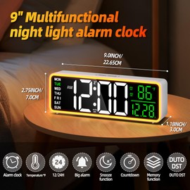 LEIKE Large Display Digital Alarm Clock for Bedrooms with Night Lights,Date Day of Week Temp Desk Table Clocks for Living Room,Bedroom,Auto DST,USB Port, 5 Dimmers-9 INCH(White)