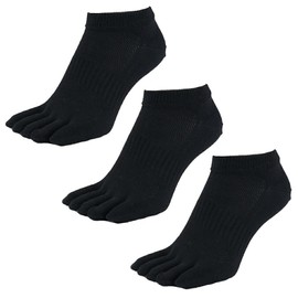 Asuka Men's Women's 5 Toe Socks, Non-Skid Heel Backing, 100% Cotton, Ankle Length, black 3 pairs