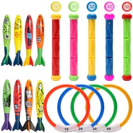 PARENTSWELL 17 Pcs Pool Diving Toys for Kids Adults, Swimming Pool Toy Set Includes 8 Dive Torpedos, 5 Diving Sticks & 4 Diving Rings for Swim Pool Games, Water Fun Games