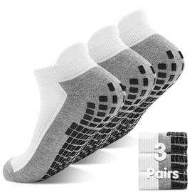 GRPSKCOS Mens Non Slip Socks 3 Pairs Size 8-13 Non Skid Sticky Grip Thick Anti-Skid Pilates Yoga Socks Hospital Slipper House Socks(02 3White, 11-13)