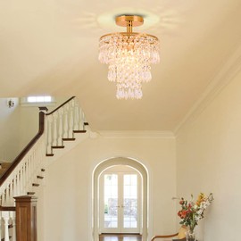 FRIXCHUR Mini Crystal Chandelier Ceiling Light Fitting Hallway Lights Ceiling Light 3 Tiers Crystal Raindrop Chandelier for Bedroom Living Room Dining Room (Gold)