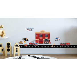 Fire Station Department Wall Decals Mural, Firefighter Theme Boys Bedroom Wall Decor Toddler Fire Truck & Emergency Vehicle Kids Room Stickers Decoration Playroom Birthday Gift Idea (Fire Station)