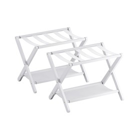 vovala Luggage Rack, Set of 2, Folding Suitcase Stand with Storage Shelf, Premium Bamboo Luggage Holder for Guest Room, Bedroom, Hotel, Closet, Holds up to 135 lb (White)