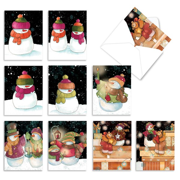 10 Assorted Blank Note Cards 'Snow Pals' (Mini 4" x 5.25") W/Envelopes - Variety Pack Merry Christmas Cards, Happy Holidays, Seasons Greetings, Xmas Gift - Adults, Kids, Friends & Family M6657SGB
