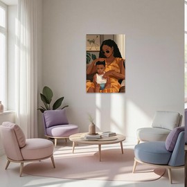 QIXIANG African American Mothers Pictures Wall Art Black Mother and Child Painting Prints Female Canvas Art Baby Room Decor Framed(Brown,18L x 12W)