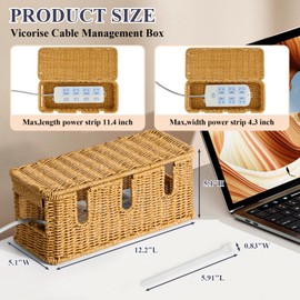 Vicorise Cable Management Box,Ventilate Cord Hider Box with Open Slots,Under Desk Cable Organizer for Router USB Hub Computer Wires,Rattan Desk Organizer,12.5" L×5.1" W×5.1" H