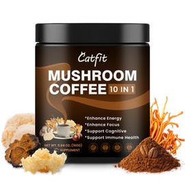 Mushroom Coffee Powder, 10 Mushroom Blend Supplements with Lion's Mane, Chaga, Cordyceps, L-Theanine for Energy, Focus, Cognitive and Immunity, 50 Serving