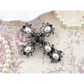 Alilang Antique Gunmetal Tone Faux Pearls Black Rhinestones Pastel Holy Cross Brooch Pin Pendent