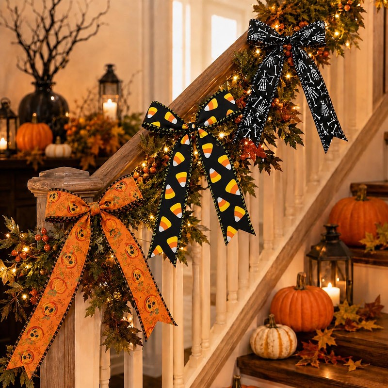 3 Rolls Halloween Printed Wired Ribbon for Gift Wrap Decor