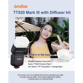 Godox TT520III Universal Bounce Flash Kit with Diffuser for Canon, Nikon, Sony, Fuji, Olympus Single-Contact Hot Shoe Cameras, 433MHz Wireless Speedlite, GN33, 400 Flashes, S1/S2 Optical Slave Modes