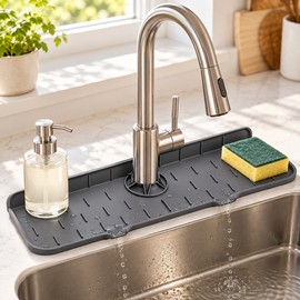 Silicone Faucet Splash Guard Mat – 14.56 x 5.51 Inch Sink Faucet Drip Catcher and Quick-Draining Kitchen & Bathroom Sink Mat