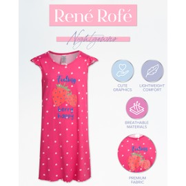 Rene Rofe Girls Nightgowns - 2 Pack Soft and Cute Lightweight Breathable Graphic Sleepwear Pajamas for Girls (Sizes: 4-12), Size 10-12, Strawberry Dot