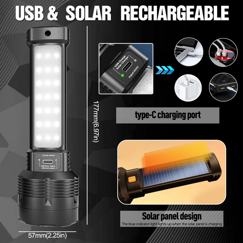 MVIOCS LED Flashlight Solar/Rechargeable, Powerful Flashlight Torch with 3 Modes,