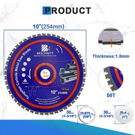 10" Metal Cutting Circular Saw Blade - BRSCHNITT Tungsten Carbide Tipped TCT Saw Blades for Steel, Nickel, Titanium, Ferrous Metals, Steel Pipe（50T Arbor:1-3/16"/1"/518"）