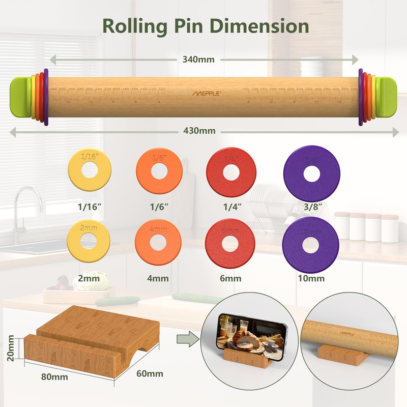 Mepple Rolling Pin with Thickness Rings for Fondant, Pizza, Pie