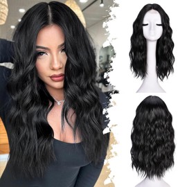 ISAMY 18Inch Perücken für Frauen mittleren Teil synthetisches Haar gewellt Perücke für den täglichen Gebrauch (Schwarz)