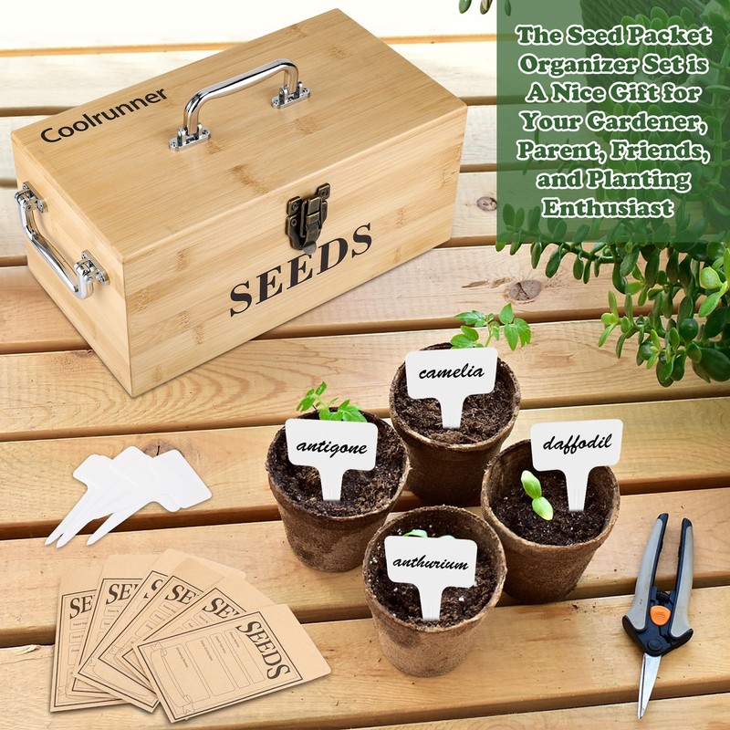 Coolrunner Wood Seed Saving Box, Seed Storage Organizer Case, Seed